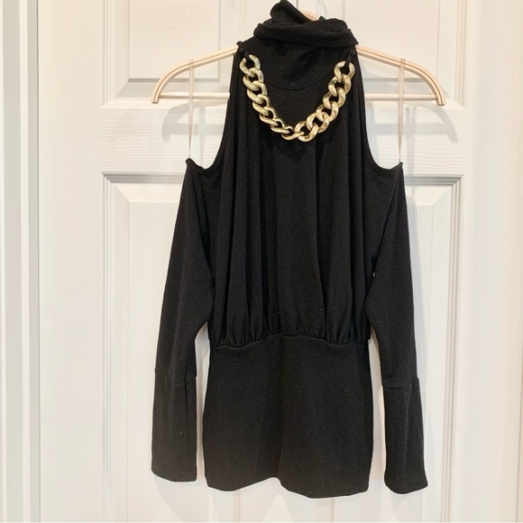 Black Mock Neck Cold-Shoulder Sweater with Attached Gold Chain Necklace - Picture 1 of 4